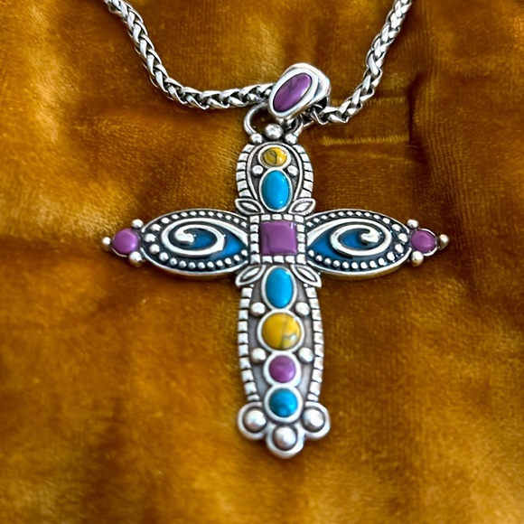 Brighton 16-18” silver necklace with attached cross with multi-colored stones. - Picture 2 of 3